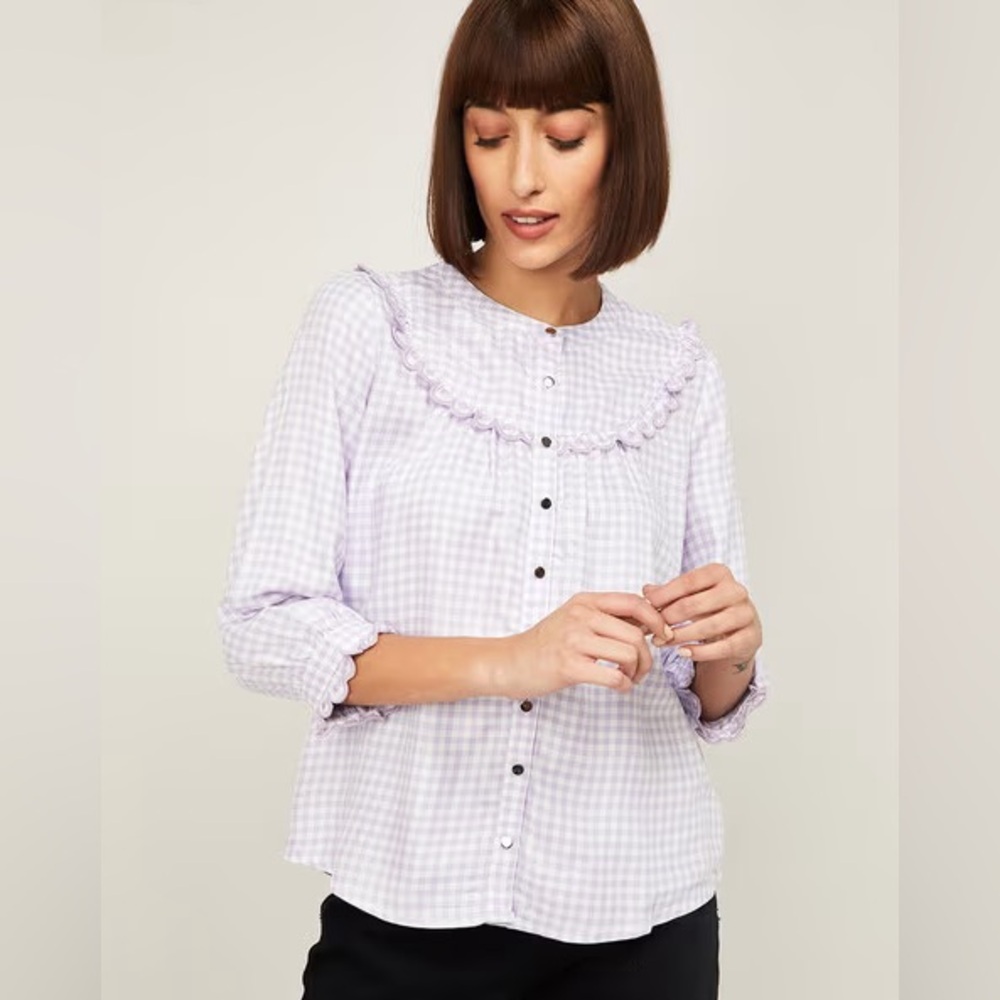 Chic Lilac Gingham Ruffle Top